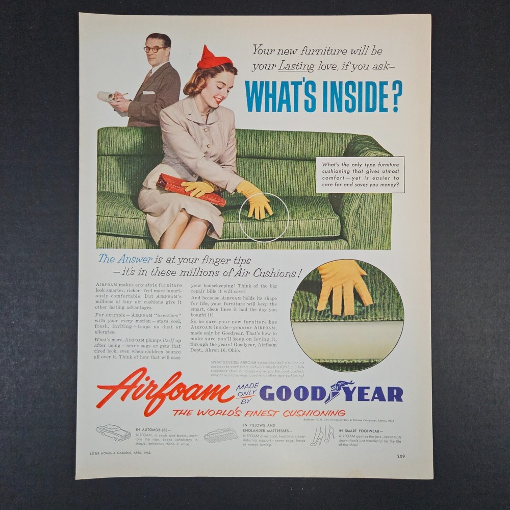 1953 Goodyear Airfoam Cushioning Vintage Print Ad Lady On Sofa Couch Akron OH
